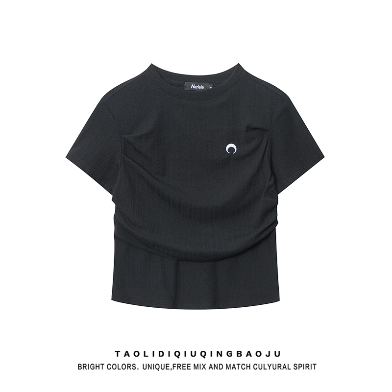 Waist-Tight Pleating Niche Style Sweet Sexy Silm Short-Sleeved T-shirt
