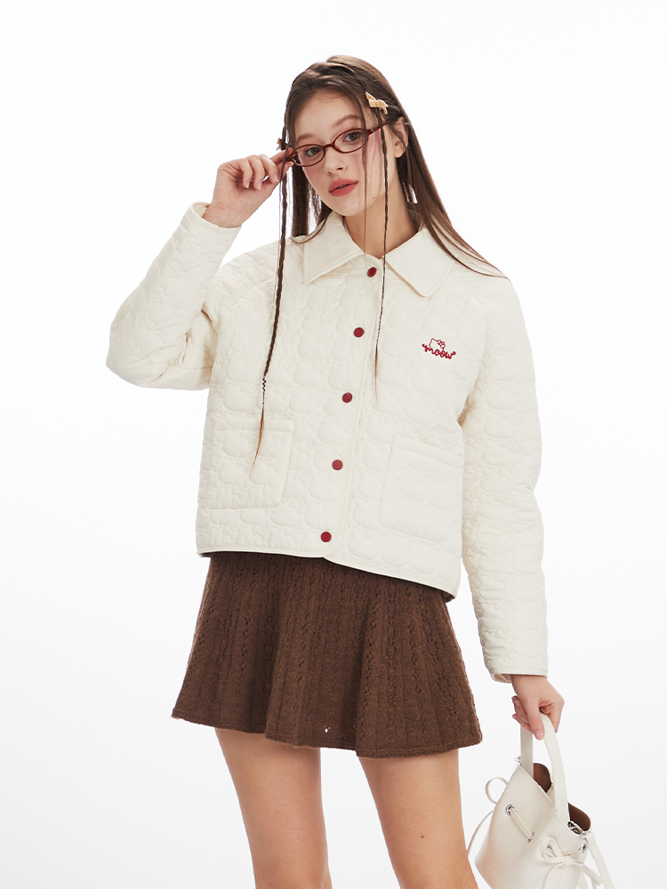 Korean Simple Cat Embroidered Lapel Cotton Clothing Cotton Coat Female Winter Small Casual Easiest for Match Apricot Heattech Outwear