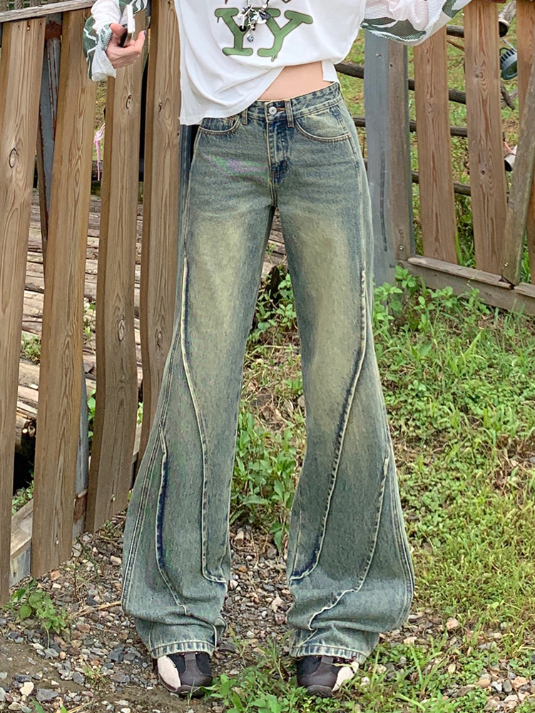 Retro Distressed Stitching No Leg Sticking Bootcut Trousers Women's Small Loose Easiest for Match Couple Clothes Straight Wide Leg Denim