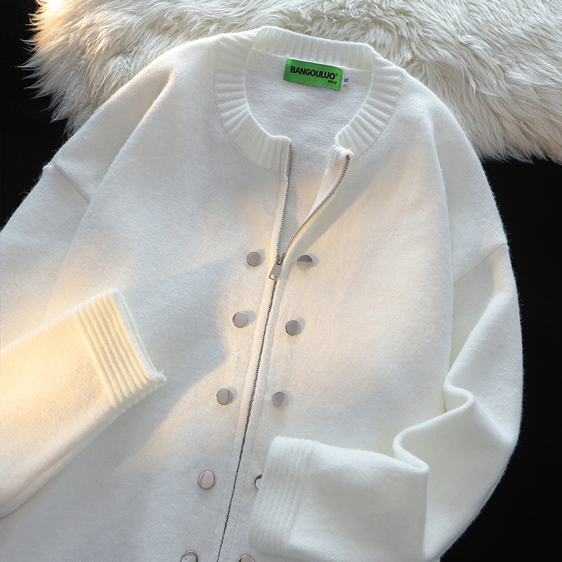Japanese-Style Retro Pure Color Zipper Cardigan Sweater Female Winter Comfortable Loose Casual Couple Outfit Knitwear Outwear