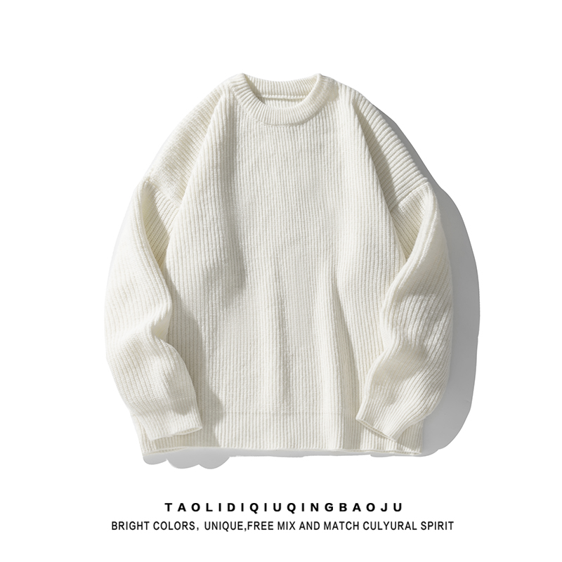 Japanese-Style Retro Pure Color Thickened round Neck Sweater Women's Autumn Fashion Brand Loose Leisure All-Matching Couple Clothes Knitting Tops