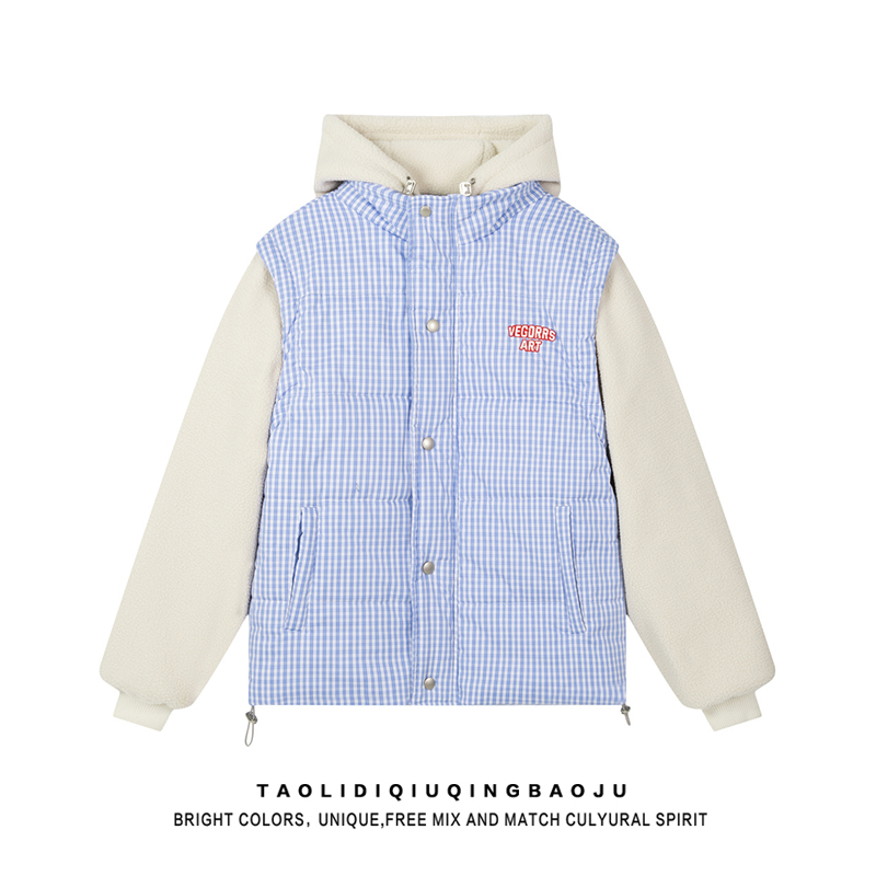 Stylish Vest Plaid Stitching Berber Fleece Coat Female Korean Ins Loose Versatile Hooded Thermal Cotton-Padded Clothes Winter