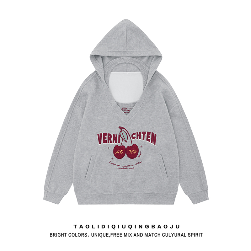American Retro Cherry Embroider Waffle Sweatshirt Outwear Women's Autumn Sexy Short Camisole Two-piece Set Outfit