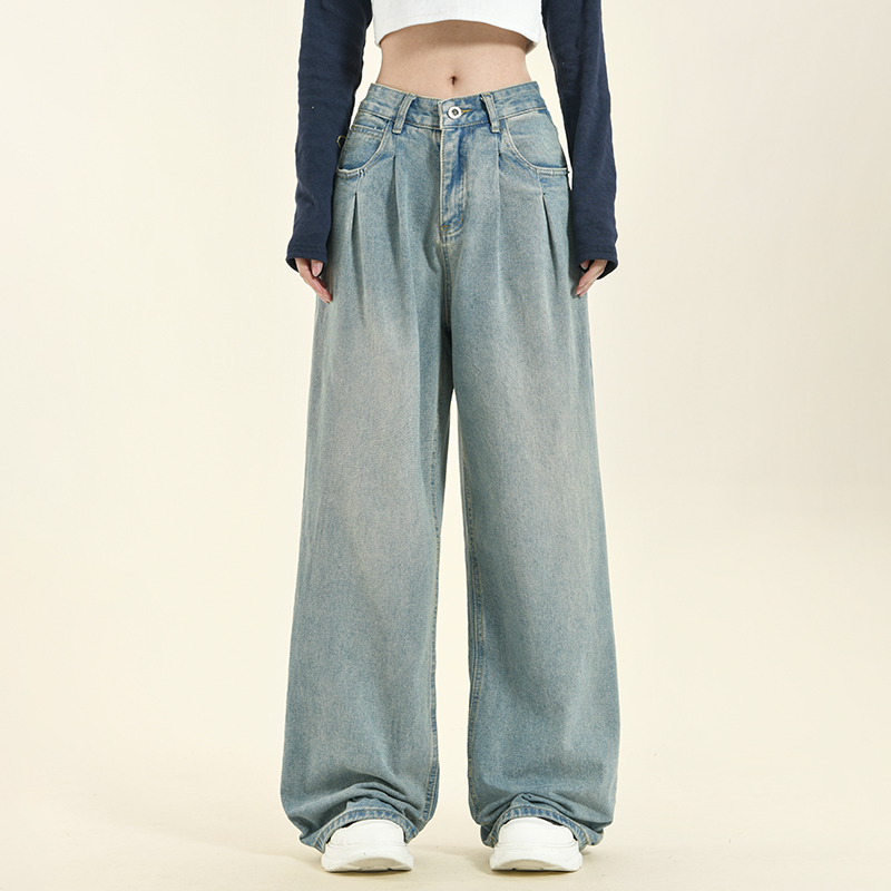 Light Blue Distressed Straight High Waist Ruched Denim