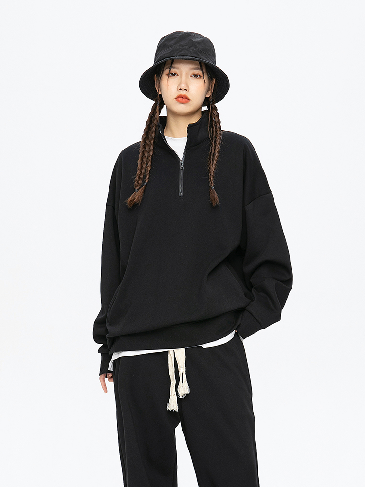 Simple Black Half Zipper Basic Style Pullover Sweatshirt Female Autumn Fashion Brand Athleisure Couple Bottoming Shirt Tops