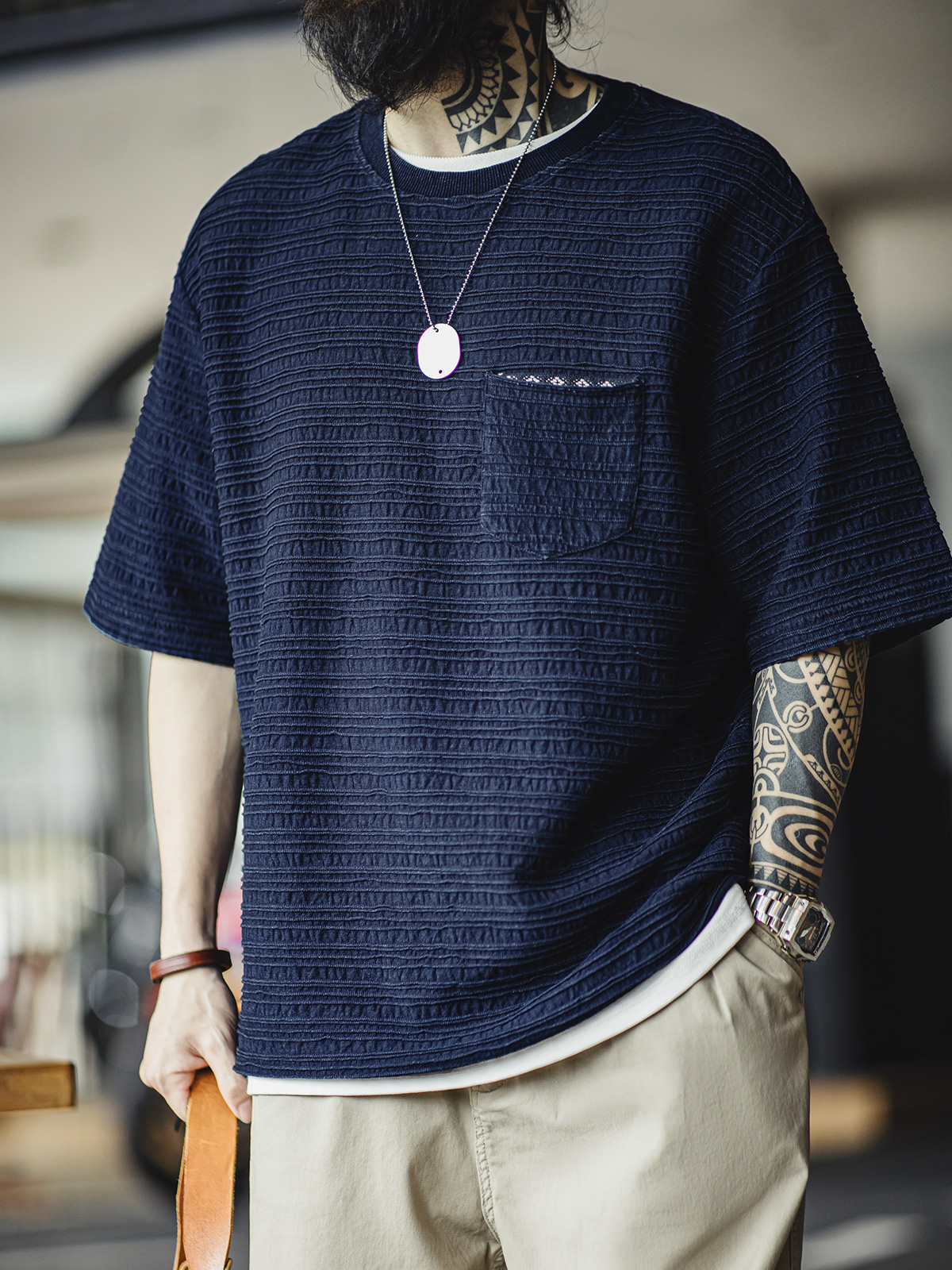 Marden Retro Jacquard Wave Pattern Kaji Short Sleeve Parka