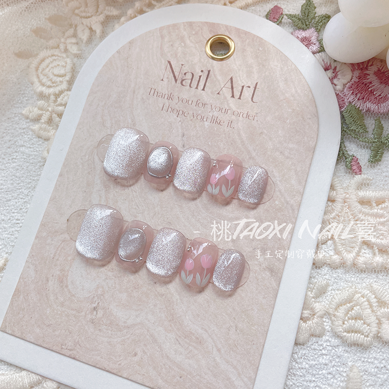 [Gem Tulip] Taoxi Hand-Worn Nail Tip Crystal Cat's Eye Gentle Tulip Short Spring and Summer Patch