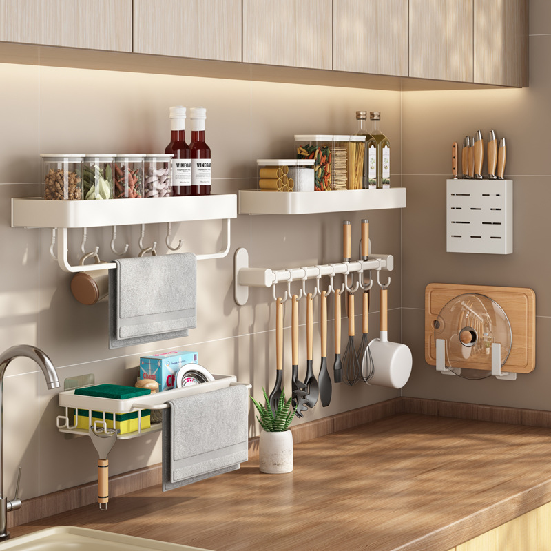 Jujiajia White Kitchen Rack Punch-Free Wall-Mounted Knife Rack Seasoning Utensils Family Kitchen Rack