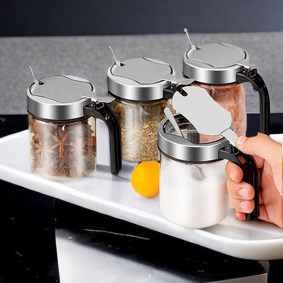 Seasoning Box with Spoon Seasoning Containers Salt Jar 304 Stainless Steel Cover Kitchen For Home Glass Moisture-Proof Seasoning Box Suit