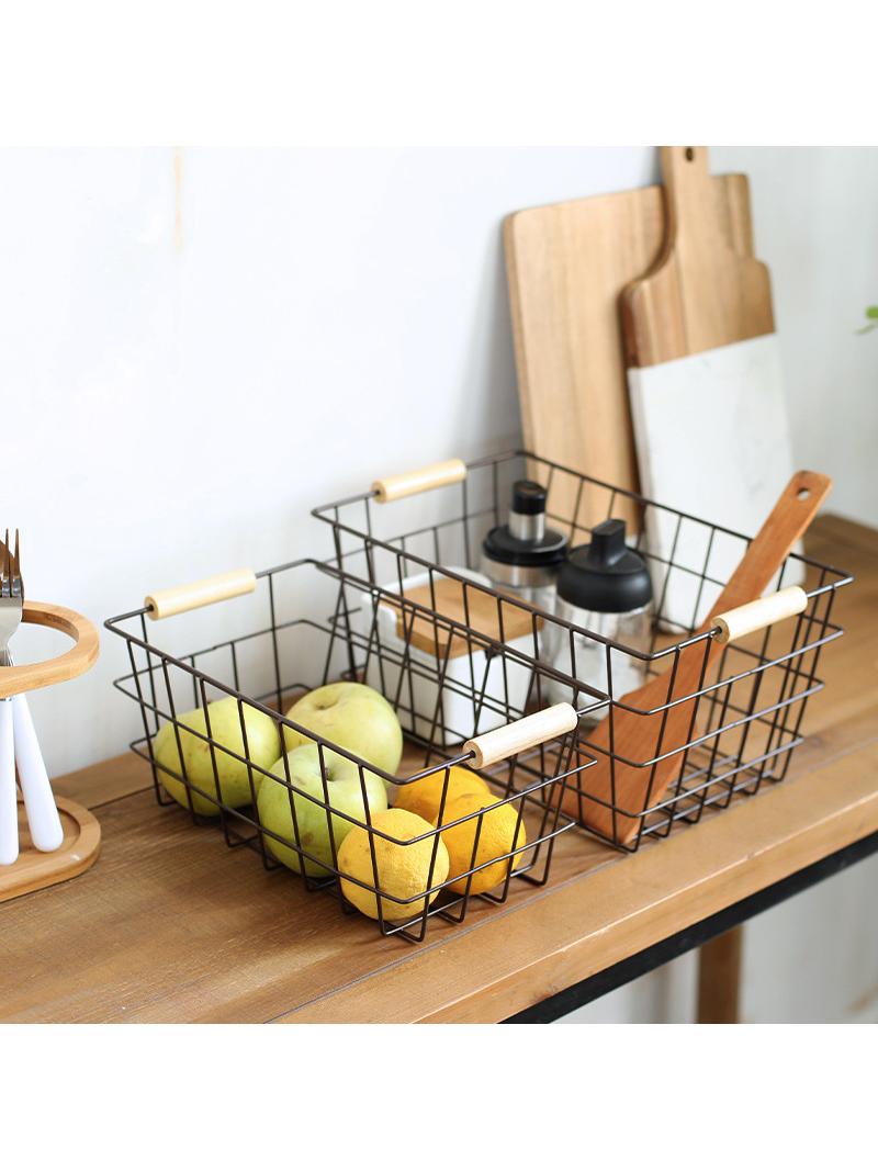 Jujiajia Retro Iron Art Storage Basket Desktop Books Snack Basket Home Bathroom Groceries Storage Basket with Wooden Handle