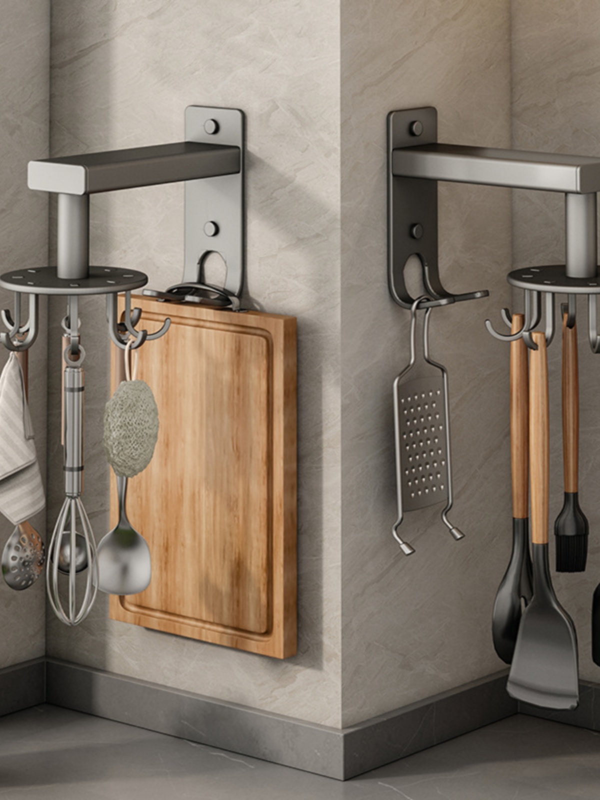 Kitchen Rotating Hook Wall-Mounted Spatula Spoon Rack Punch-Free Kitchenware Storage Rack Hanging Rod Nail-Free Shelf