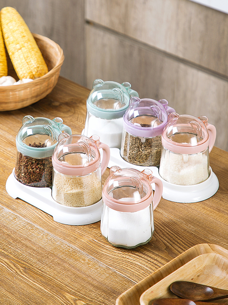 Jujiajia Bear Glass Seasoning Jar Kitchen Seasoning Bottle Combination Seasoning Box Set Home Salt Shaker Seasoning Jar