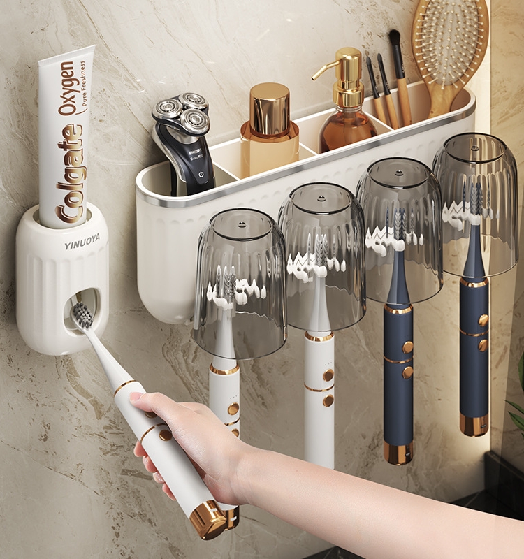 Wall-Mounted Toothbrush Rack Punch-Free Tooth Cup Gargle Cup Wall-Mounted Rack Bathroom Electric Family Set