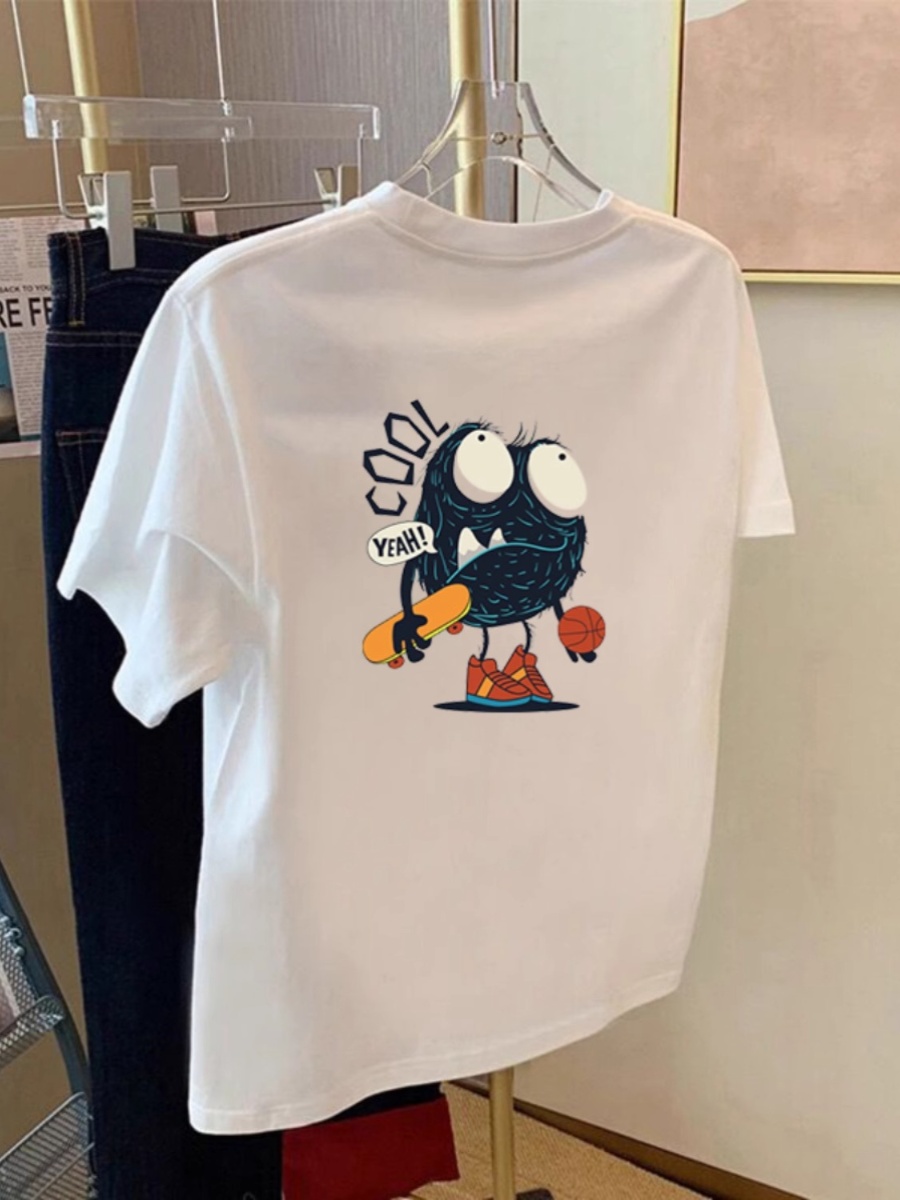 White T-Shirt Women's Short Sleeve Loose Pure Cotton Shoulder 2025 New Arrival Summer Cartoon Printed All-Matching Tops Bottoming Shirt