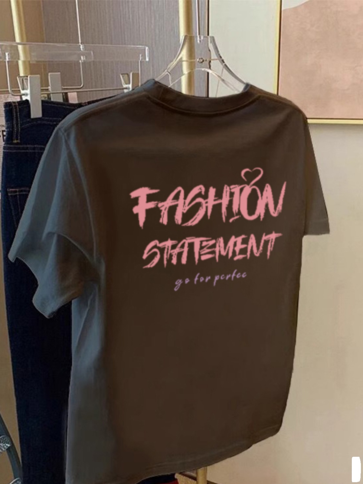Dark Gray Pure Cotton Short Sleeve T-Shirt Women's K-style Loose Slim Looking Niche Style Letter Print Fashion Half Sleeve round Neck Tops