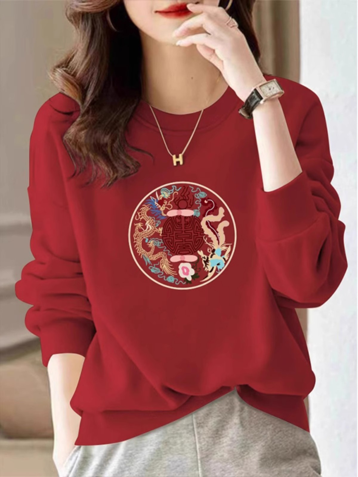 New Chinese Style National Style Printed Crew Neck Sweatshirt Women's New Arrival Loose Fashion Versatile Velvet Padded Thickened Top 2024