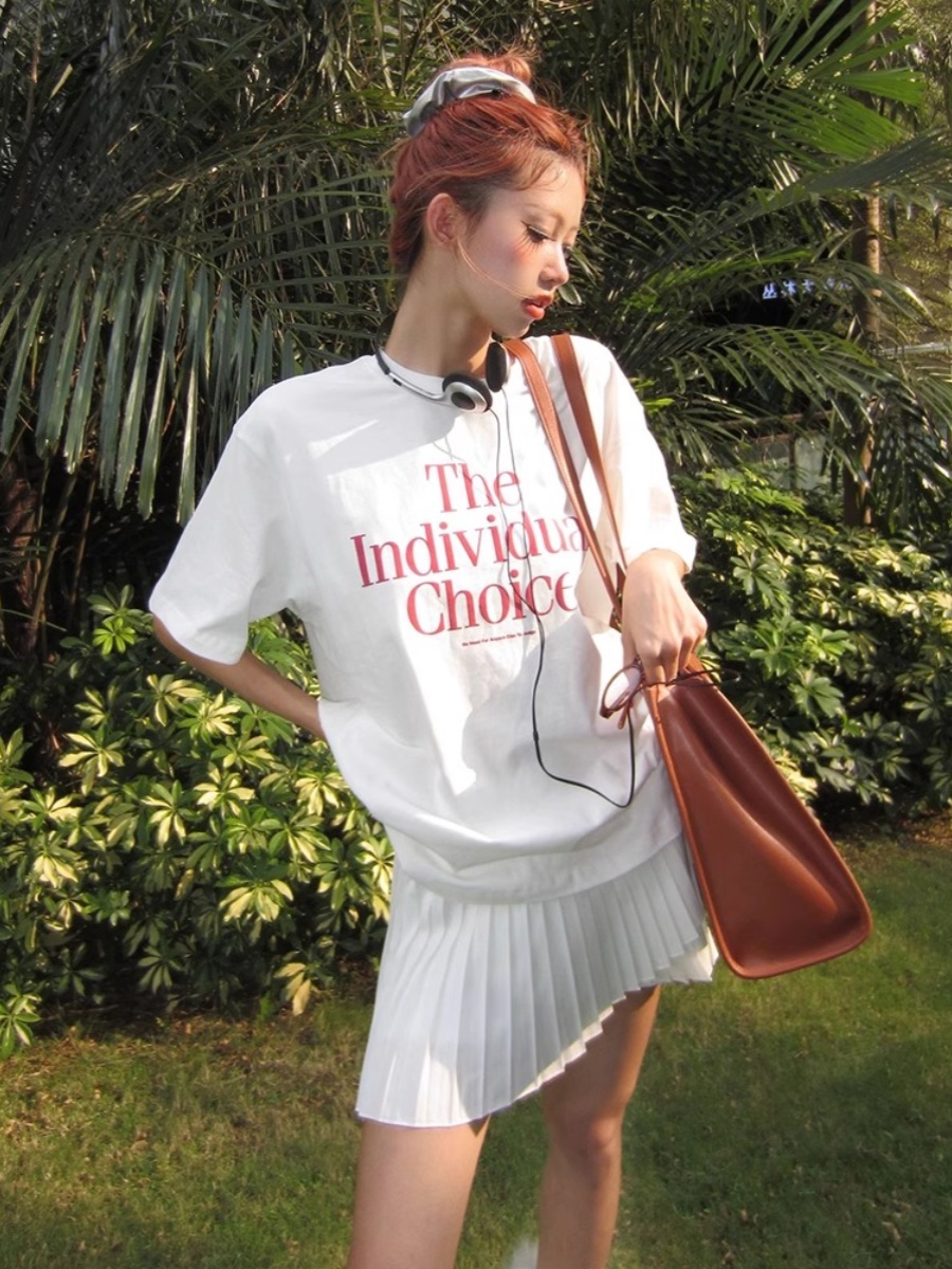 American Retro Short Sleeve Women's Summer Letters Print round Neck T-Shirt Oversize Trendy Cotton Half Sleeve Top Ins