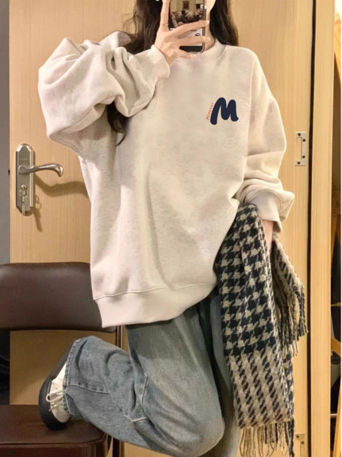 Melange Gray round Neck Heavy Weight Pure Cotton Hoodless Sweater Women's Spring and Autumn Loose American Retro Velvet Padded Thickened Top