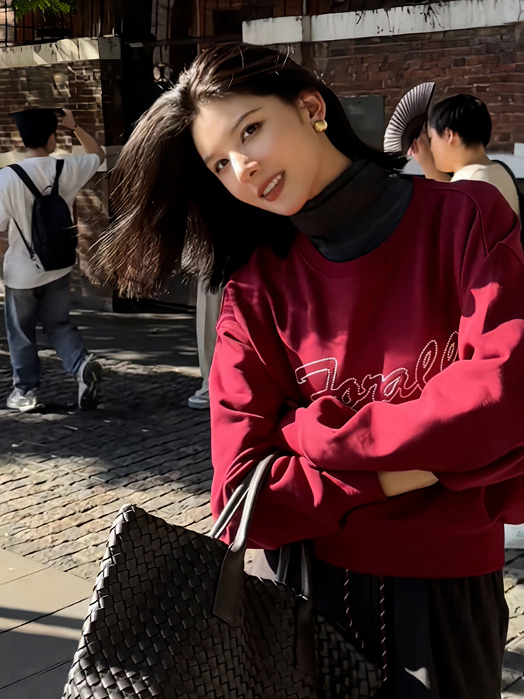 Korean Style Letter Print Pullover Sweatshirt Women's Spring and Autumn Loose Slim Looking Chic Short Outwear Fashion Fashionable Top
