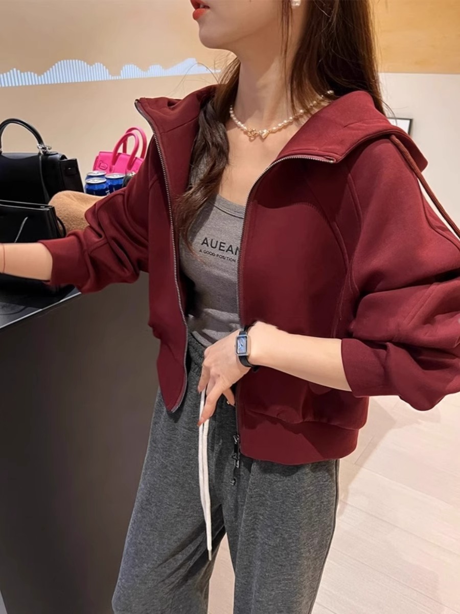 This Year's Popular Red Zipper Cropped Hoodie Women's Spring & Fall 2025 New Arrival Spring & Fall Women's Thickened Outwear
