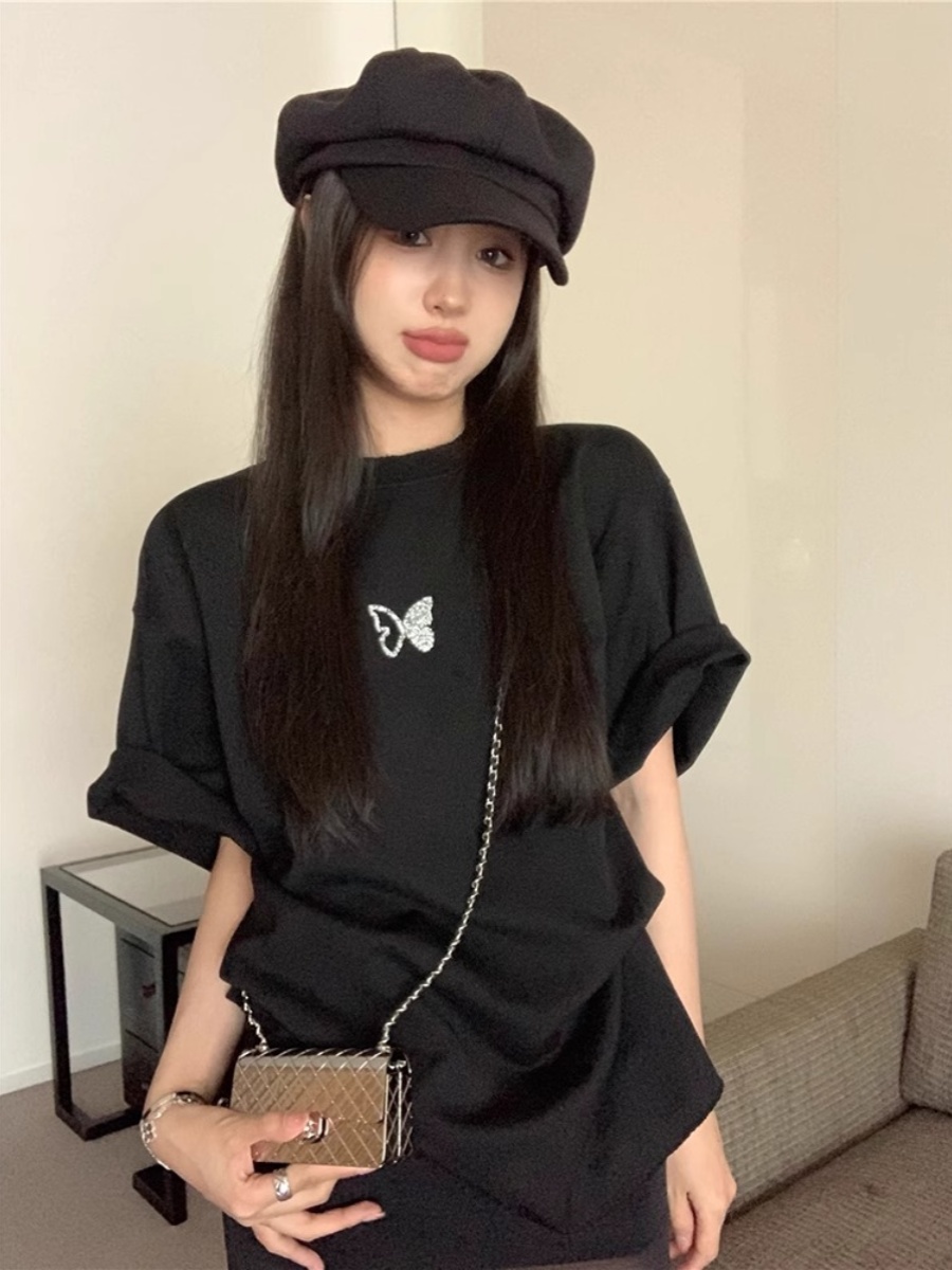 Black round Neck Short Sleeve T-shirt for Women Summer New Stylish Niche Style Butterfly round Neck Loose Mid Length Long Length Shoulder Tops