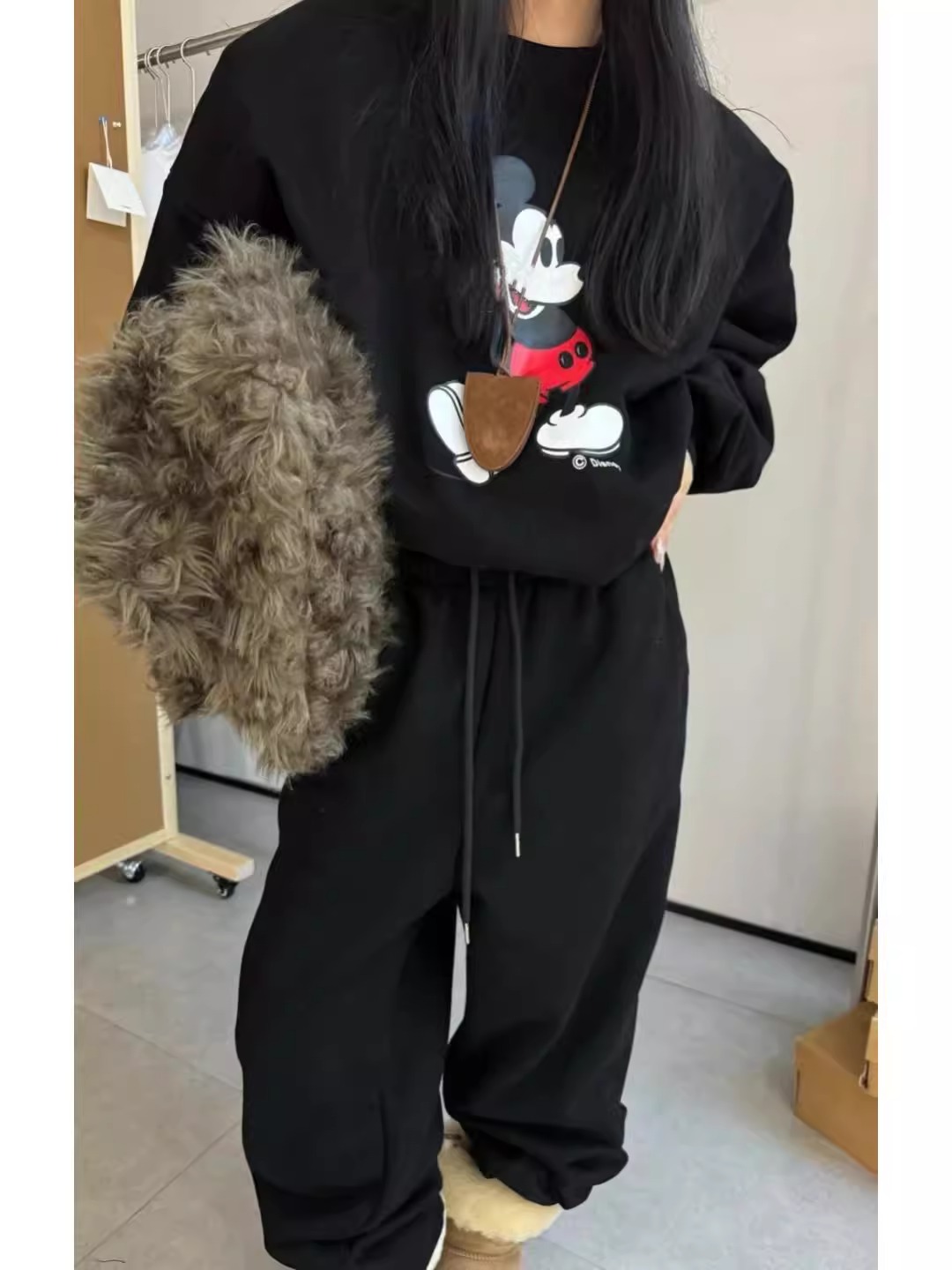European Station 2025 Fall New Cartoon Mickey Printed Fleece Hoodie Female Fashionable Stylish All-Matching round Neck T-shirt