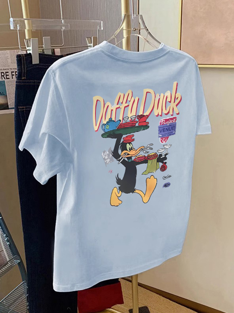 Cartoon Print Women's New Fashion Short Sleeve T-shirt Women 2025 New Casual Easiest for Match Summer round Neck Tops Women