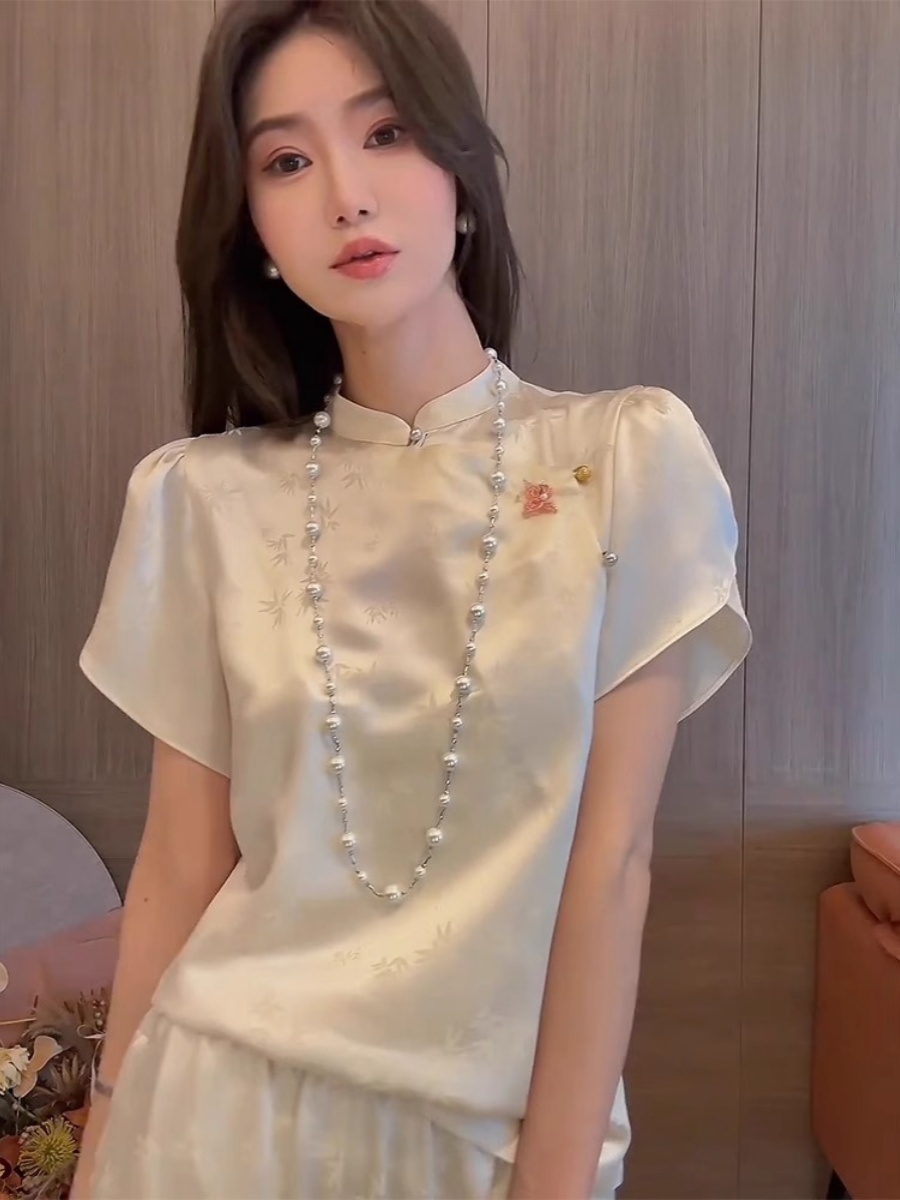 New Chinese Style Wide Loose Shoulder Acetate White Buckle Short Sleeve T-shirt Top Women's Clothing Summer 2025 New Arrival Best Selling