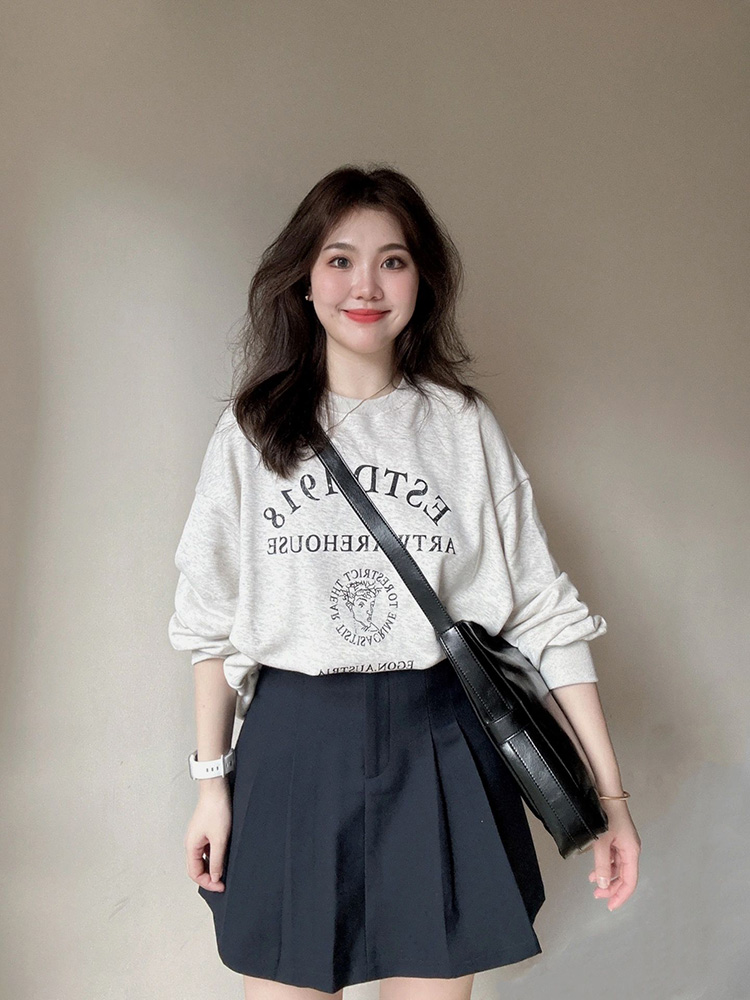 Idle Style Letter Print Sweatshirt Female Spring and Autumn Thin Super Nice Loose Anti-Aging Casual round Neck Long Sleeve Top