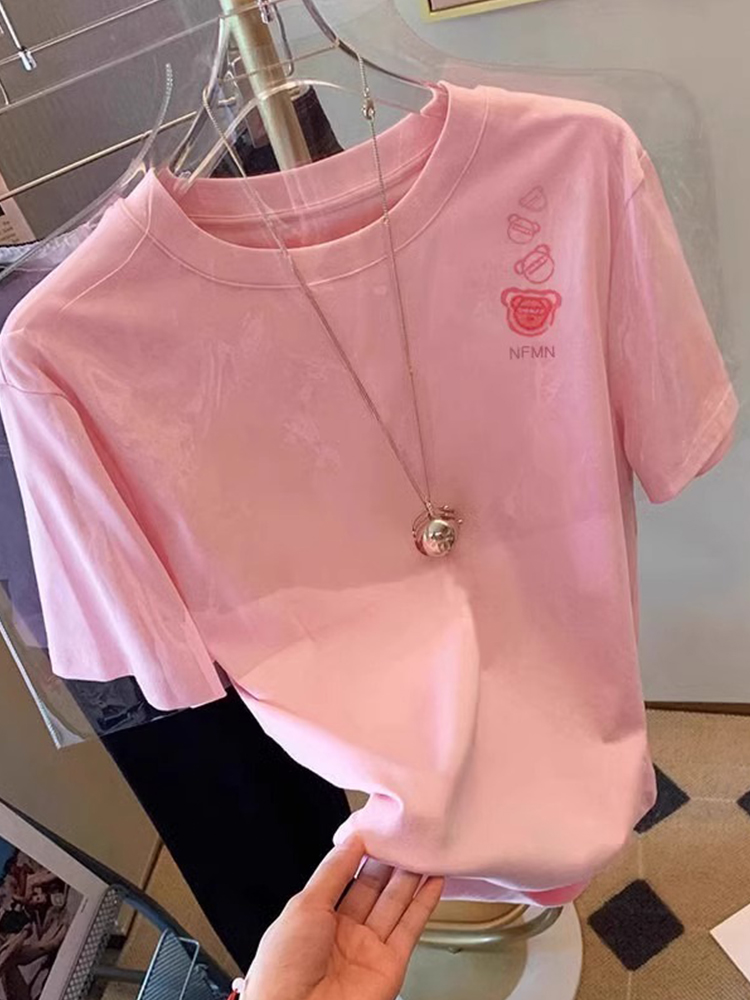 Pink Shoulder Short Sleeve T-Shirt Women 2025 New Arrival Summer Fashionable Pure Cotton Bright Color Loose Small T-shirt Top