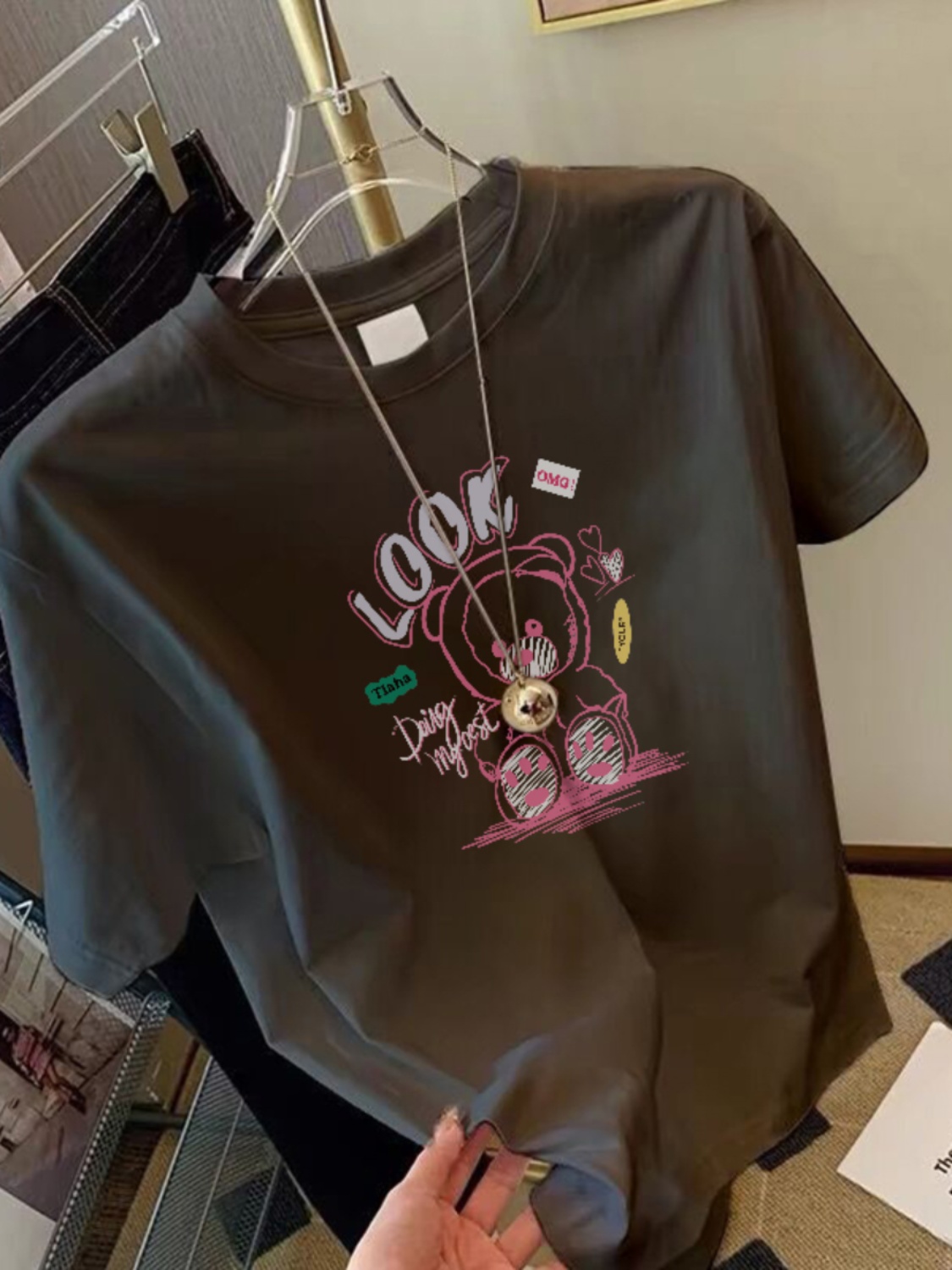 Dark Gray Loose Tops 2025 Summer New Arrival American Fashion Casual Style Loose Personality Printed All-Matching T-shirt