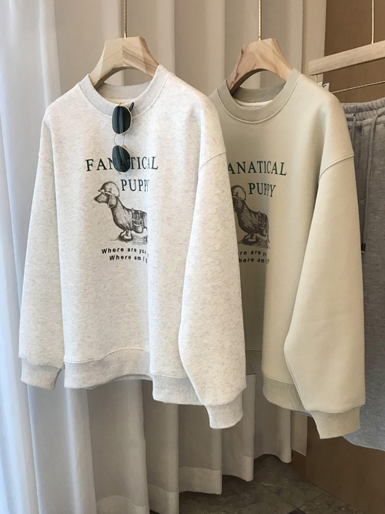 2025 New Arrival American Retro Fancy Super Nice Loose Gray round-Collar Brushed Hoody Female Spring & Fall Stylish