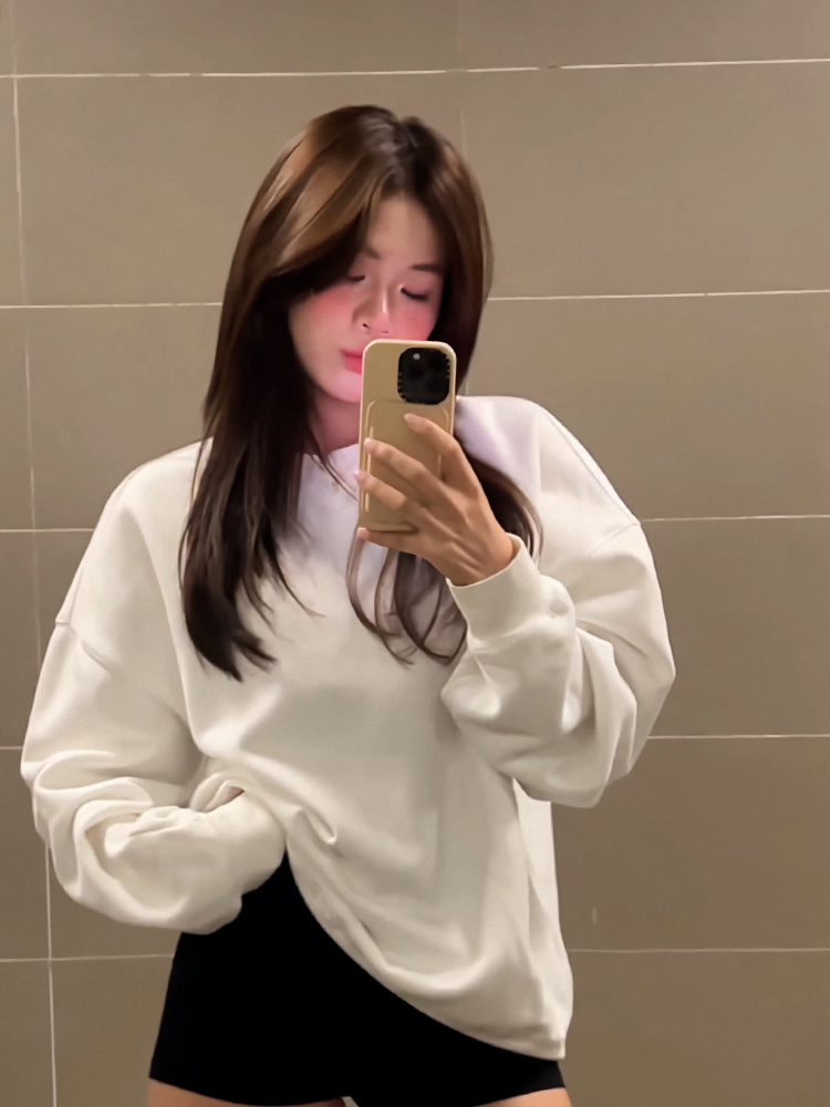 White round Neck Sweatshirt Women's Spring and Autumn Fleece-lined Thickened 2025 New Arrival Best Selling Loose Pure Color Lazy Chic Tops