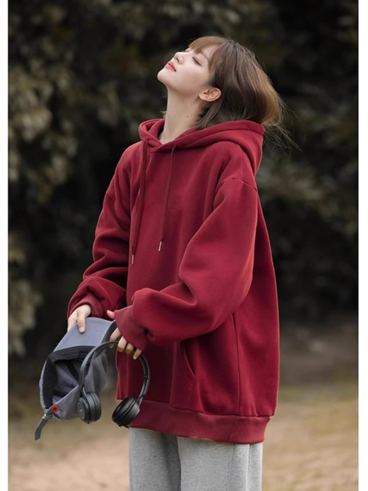 2025 New Popular Plus size Outerwear Wine Red Hoodie Women Spring and Autumn American Idle Style Long sleeve Top