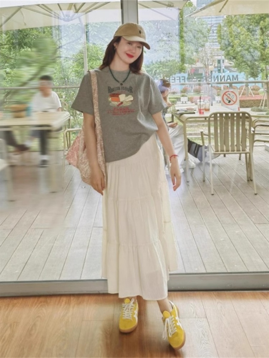 American Style Gray Printing round Neck Short Sleeve Shoulder T-Shirt Women's Summer Loose Korean Style T-shirt Small Elegant Tops