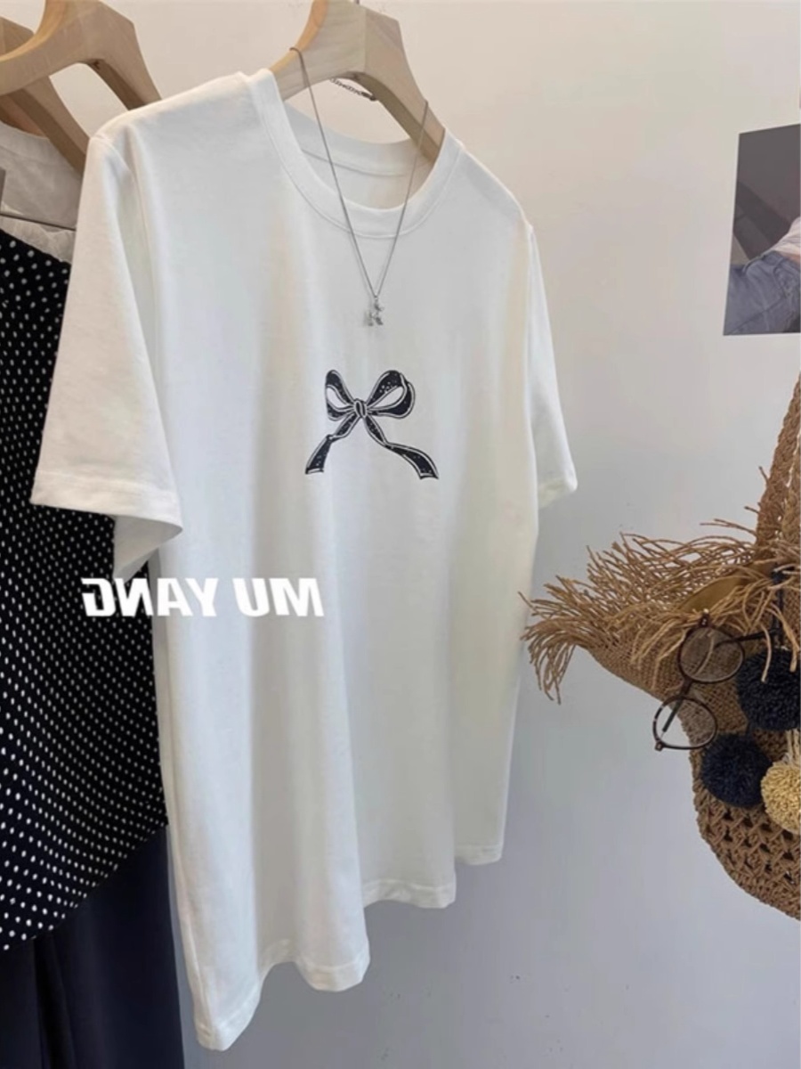 Minimalist Bowknot Print Loose Short Sleeve White T-shirt Female New Arrival Korean Style Crew Neck Blouse Summer Easiest for Match Tops