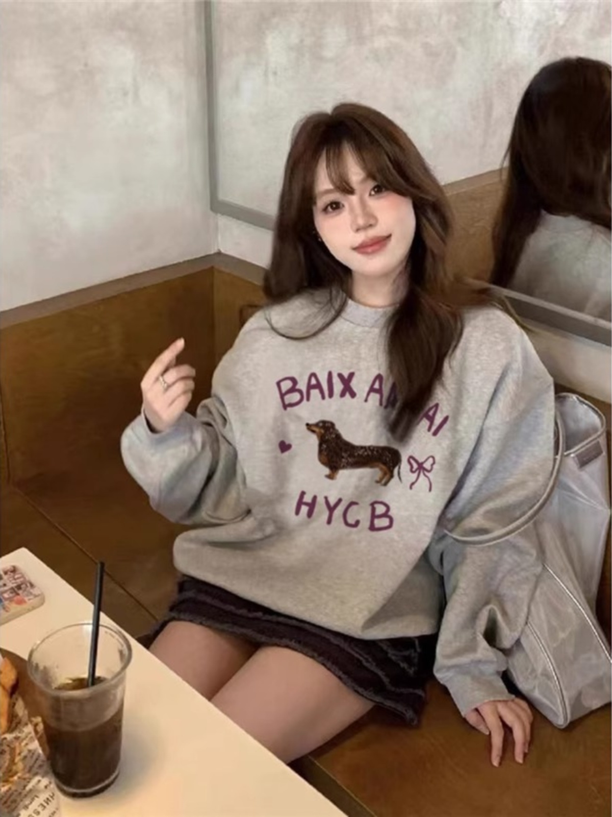 Pure Cotton High Street American Retro Gray round-Collar Sweatshirt Female 2025 New Arrival Loose Fashion Brand Stylish Long Sleeves Tops