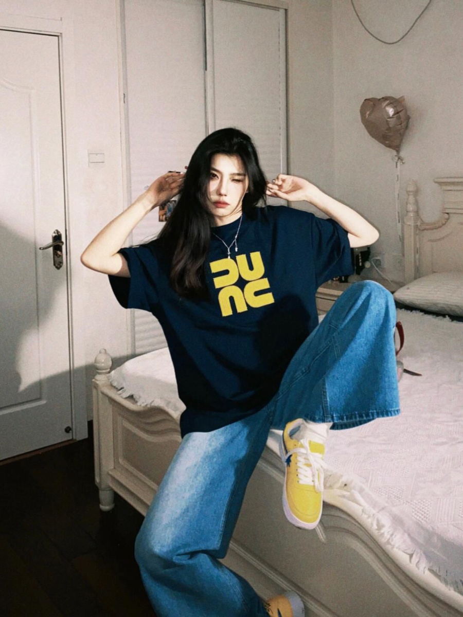 Navy Blue Short Sleeve T-Shirt Women 2025 New Arrival Summer Best Selling Loose Mid Length Long Length Trendy Figure Flattering T-shirt Tops Women