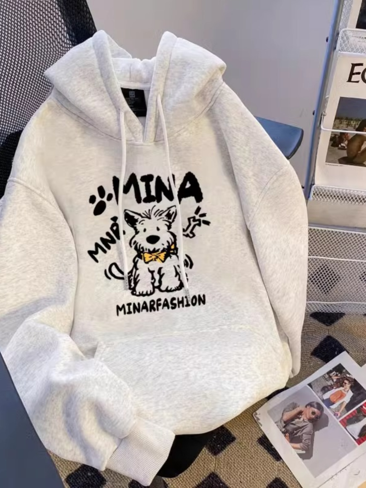 Melange Gray Dog Hooded Pure Cotton Sweatshirt Female Spring and Autumn Loose American Retro Idle Style Velvet Padded Thickened Coat
