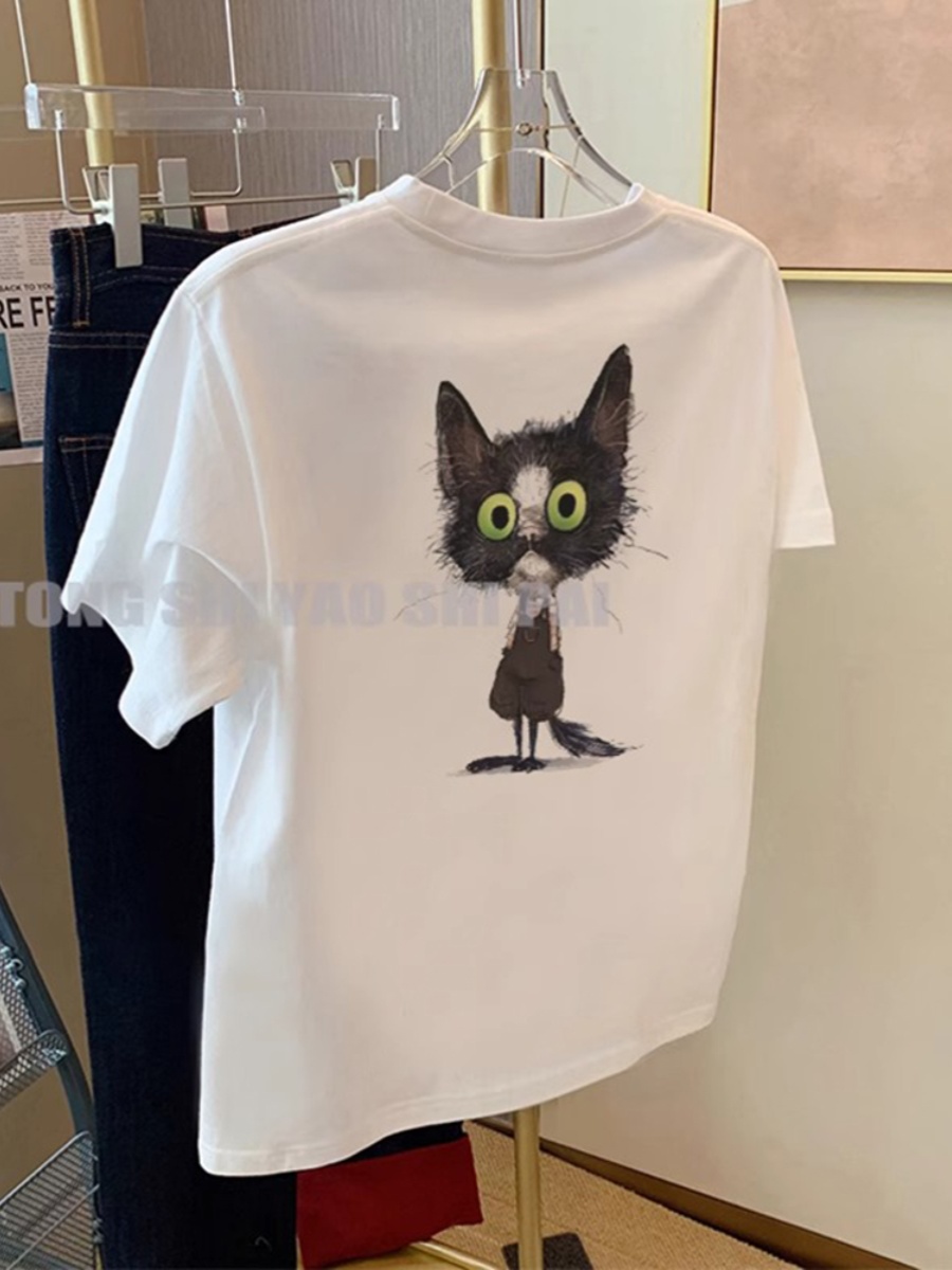 White Cat Short Sleeve T-Shirt Women's Summer Loose Pure Cotton All-Matching Youthful-Looking American Retro Hong Kong Style Chic Tops Ins