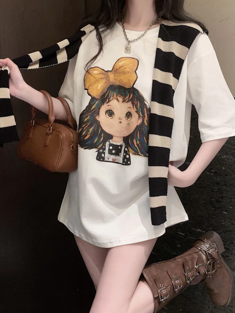 Cartoon Print Short Sleeve T-Shirt Female 2025 Summer New Arrival Loose Mid Length Long Length round Neck Tops Large Version Half Sleeve T-shirt