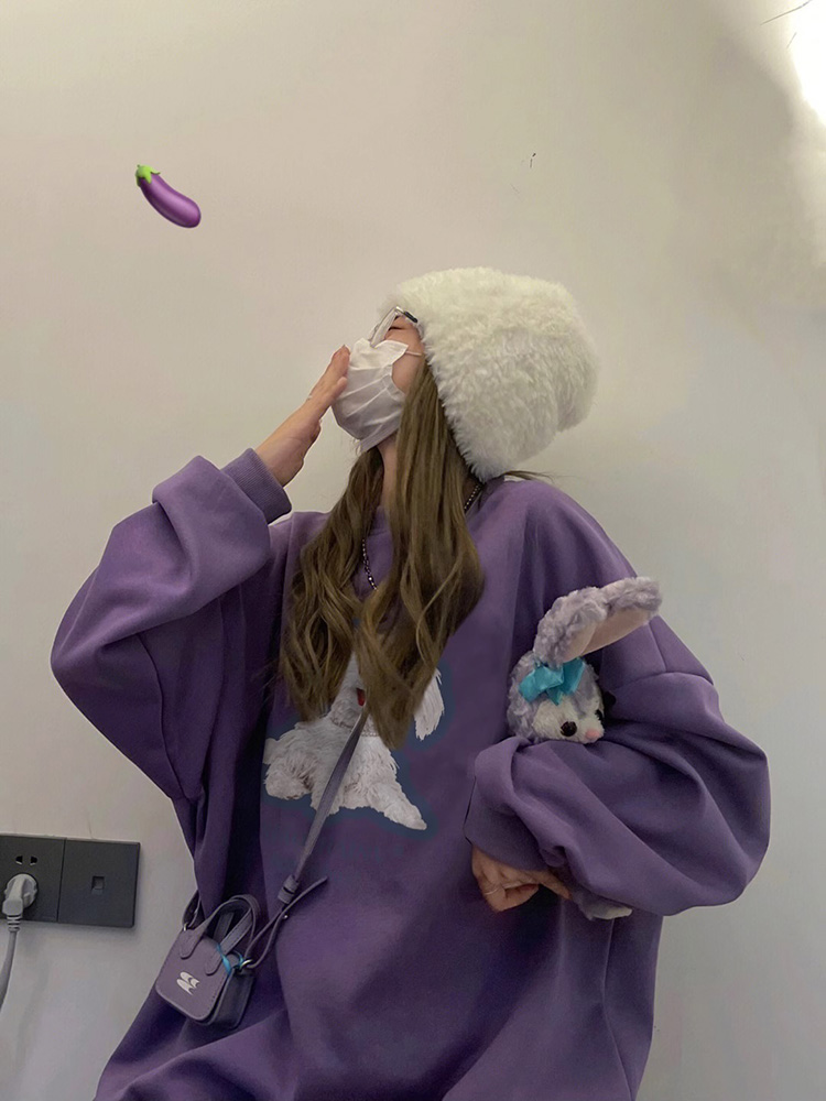 Purple American round Neck Hoodie Women Spring and Autumn Fleece-lined Thickened 2025 New Design Sense Niche Hoodless Loose Top
