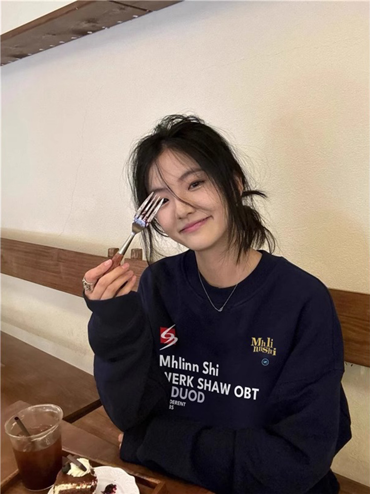American Retro Trendy round Neck Sweatshirt Female Fleece-lined Thickened Spring & Fall 2025 New Arrival Student Loose Lazy Style Top