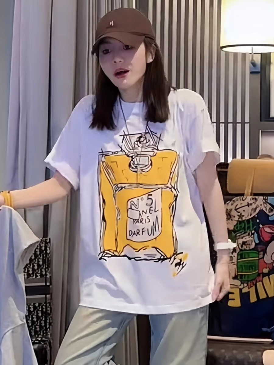 Fun Printing 2025 Summer New Arrival Short-Sleeved T-shirt Female Oversize American High Street Loose Mid Length Long Length Tops