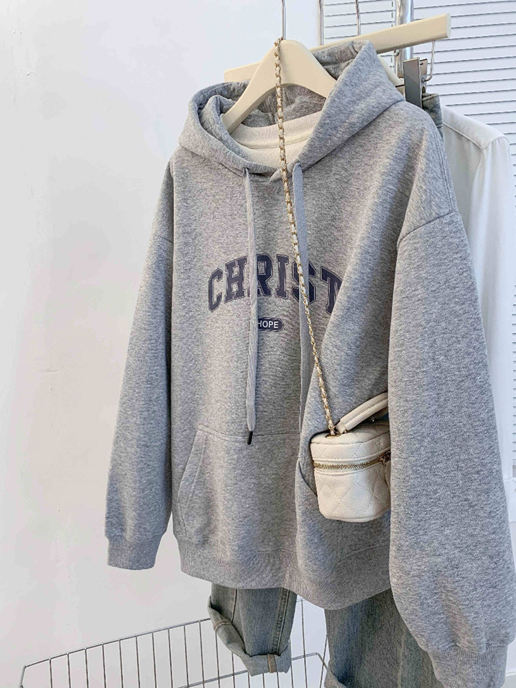2025 Spring American Vintage Letter Print Velvet Padded Hooded Sweatshirt Female Loose and Lazy Style Petite Top