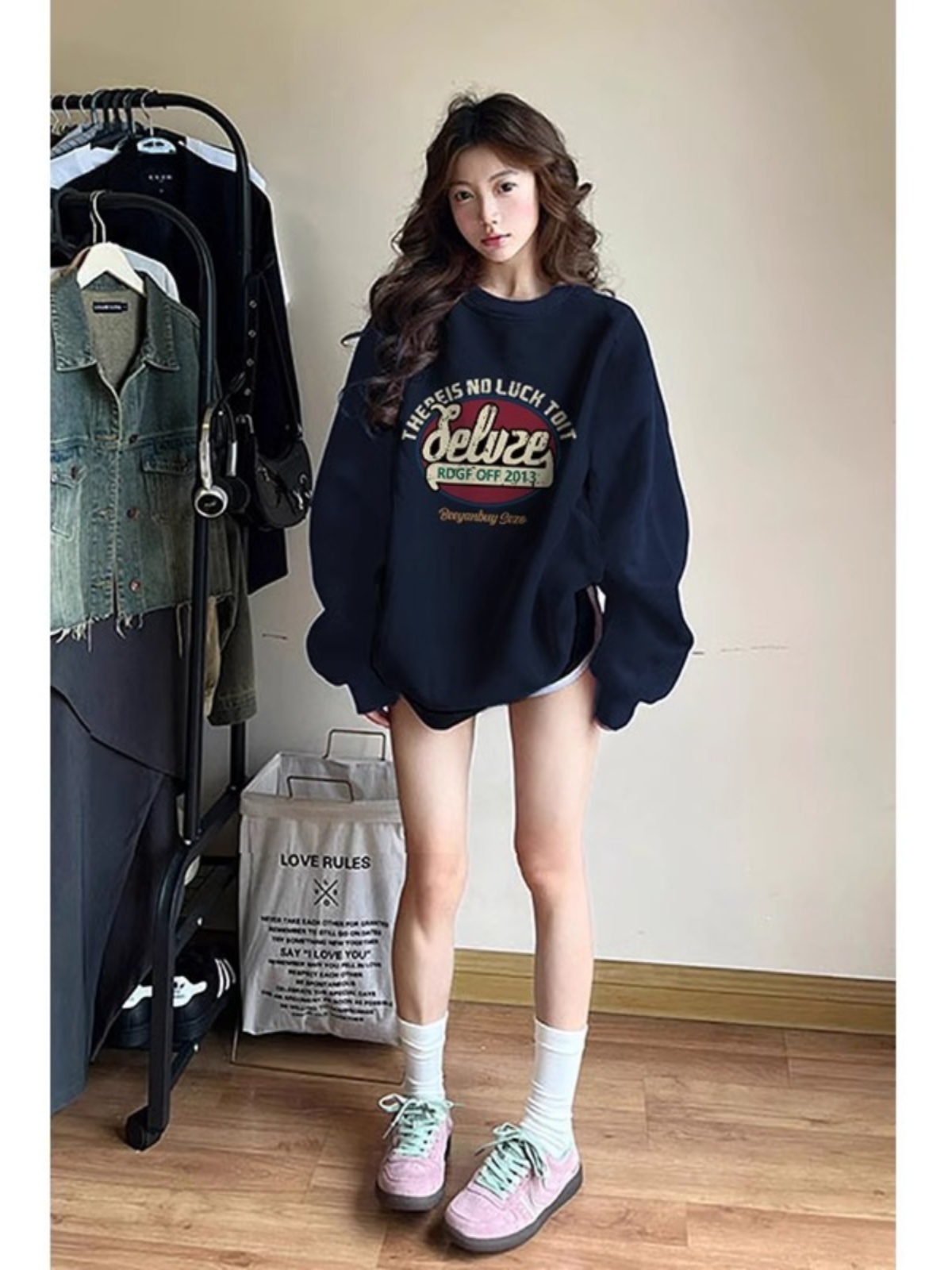 Trendy Dark Blue Sweatshirt Female Spring & Fall New Arrival Best Selling American Lazy Thickened Spring & Fall Loose Women's Long Sleeves Tops