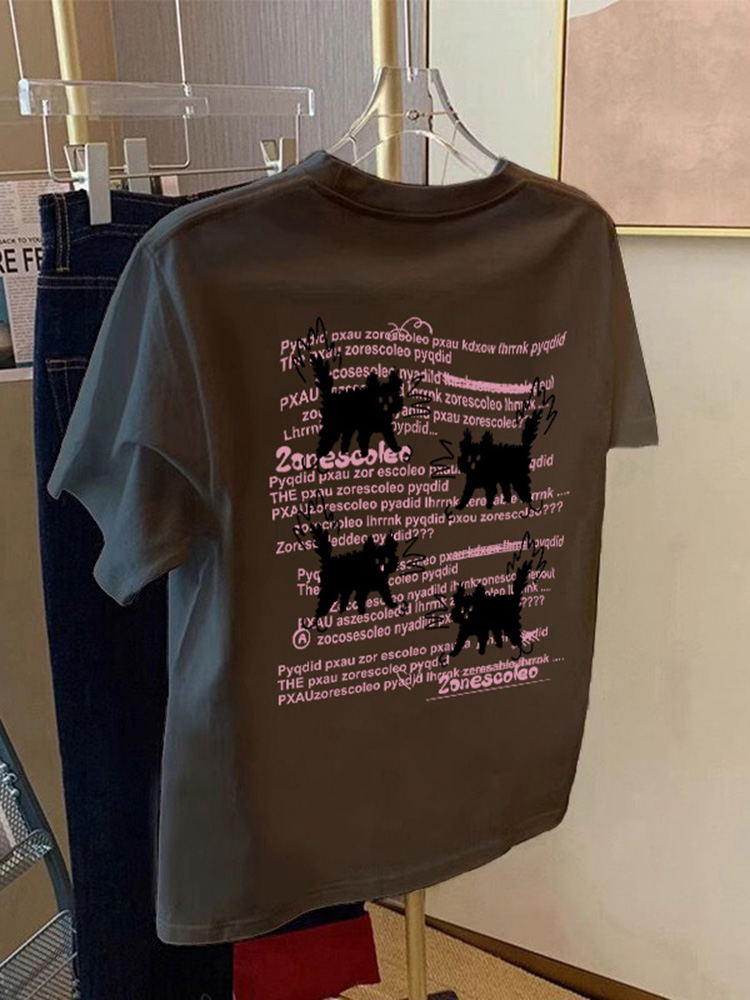 Heavy Weight Pure Cotton Fashion Hiphop Street Style Short-Sleeved T-shirt Summer Trendy Cool Scared Cat Printed Loose Top Women