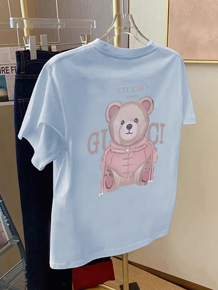 K-style Fashion Wear round Neck Shoulder Figure Flattering Graceful Tops Women's Clothing 2025 Summer New Arrival Pure Cotton Blue T-Shirt