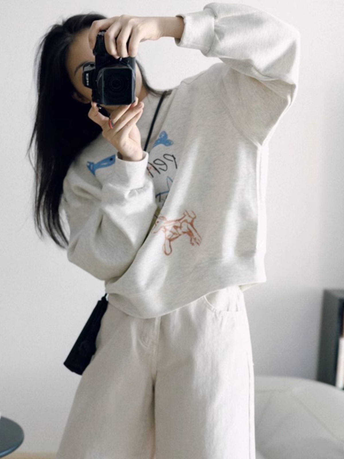 American Retro Gray, Long Sleeve round Neck Pullover Non-Hoodie Long Sleeve Sweatshirt Women's Spring and Autumn Thin Loose Tops Spring and Autumn