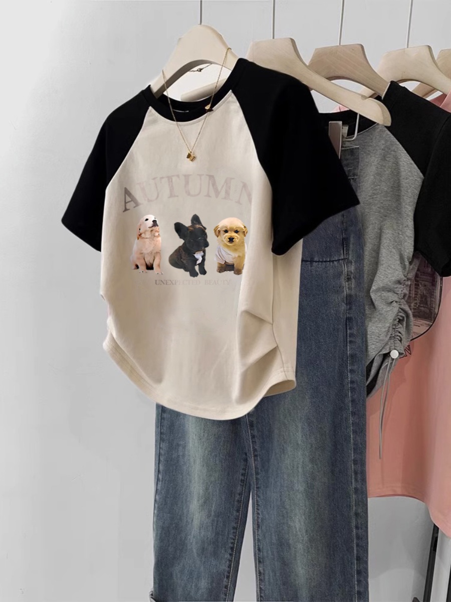 Contrast Color Raglan T-shirt Women's Short Sleeve 2025 New Arrival Summer Plus Size Slim-Fit Crop-Top Slimming Sense of Design Niche Style